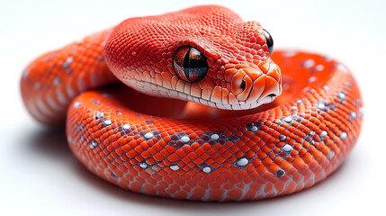 Obraz premium Vibrant close-up of a red snake coiled elegantly on a white surface, showcasing its intricate scales