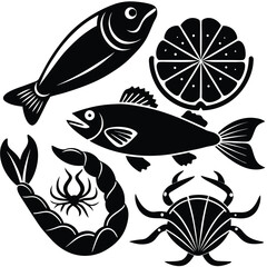 fish art, seafood black silhouette, white background,  monochrome illustration, stylized fish, seafood icon, fish set, Seafood Illustration Bundle
