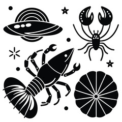fish art, seafood black silhouette, white background,  monochrome illustration, stylized fish, seafood icon, fish set, Seafood Illustration Bundle