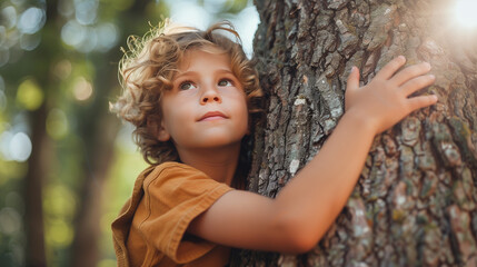 young kid hugging a tree in the forest