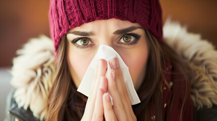 A young woman fell ill. A woman on a sofa with a napkin for a runny nose is being treated at home.