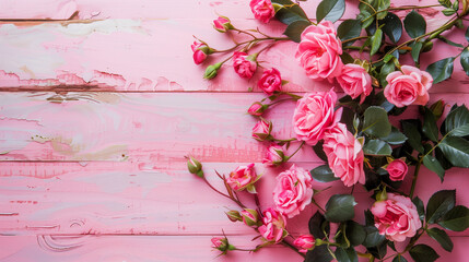  roses on wooden background top view