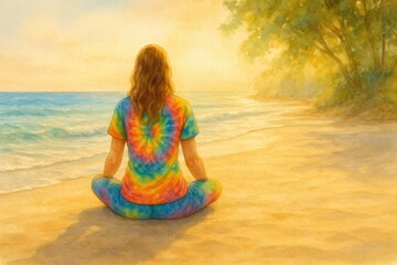 A serene beach scene featuring an individual meditating in a vibrant tie-dye shirt. The calm waves and warm sunset create a peaceful atmosphere.