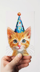 Playful orange cat in party hat held by hand against white background  