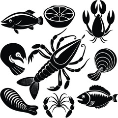 fish art, seafood black silhouette, white background,  monochrome illustration, stylized fish, seafood icon, fish set, Seafood Illustration Bundle