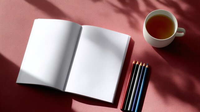 A blank notebook is open and ready for creative ideas. Some colored pencils sit nearby along with a cup of tea. This image captures a peaceful workspace for inspiration. AI - Powered by Adobe