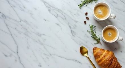 Minimalist top-down view of a croissant, espresso, gold spoon, and rosemary on marble surface. Clean left space perfect for text overlay. Elegant breakfast styling.