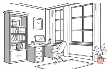 Cozy Home Office Interior Design with Bookshelf, Desk, Chair, Plant, and Natural Light from Windows Creating a Productive Workspace