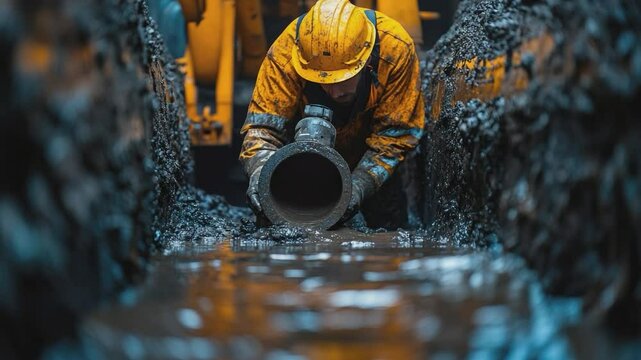 Man at work: A dedicated worker clad in protective gear installs a crucial pipe within an infrastructure project, embodying skill and precision in an industrial environment. 