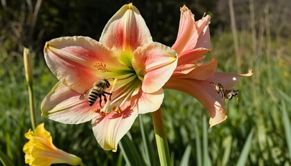 Amaryllis Bloom with Bee Pollinating