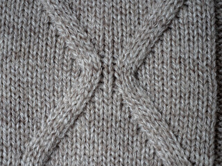 Neutral gray wool and cashmere knitwear with braid cable stitch knitted pattern, cozy winter textile background.
