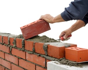 A person laying bricks with mortar to build a wall. The hand is holding a red brick, and the wall is partially constructed.