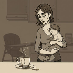 The concept of chronic fatigue and maternal burnout. An exhausted, sleepless mother with a sleepy baby in her arms stands in the kitchen. Difficulties and stress of motherhood, postpartum depression.