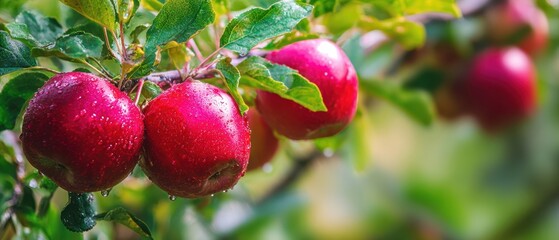 The vibrant red apples glistening with raindrops on a tree branch.