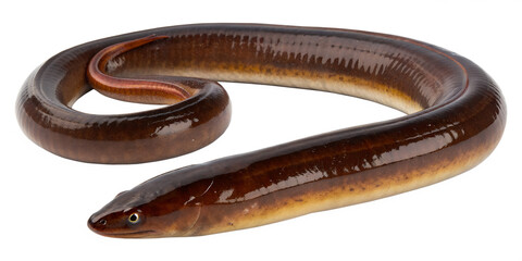 Obraz premium A long, slender brown eel with a smooth body and a pointed head. The eel is coiled in a natural position against a transparent background.