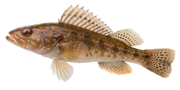 A detailed image of a brown sculpin fish with distinct fins and patterns, set against a transparent background.