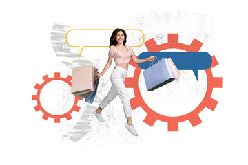 Creative sketch art collage of happy girl run shopping mall carry packages black friday sale...