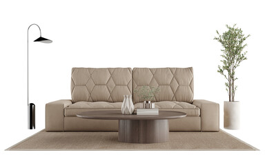 Luxury Beige Sofa with Tufted Design and Wood Coffee Table – Modern Interior Mockup PNG with Floor Lamp and Olive Tree