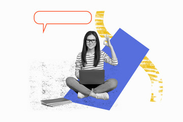 Creative full art collage of happy freelancer girl hold laptop show okay gesture approval notepad...