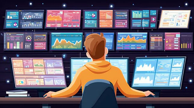 Noc engineer managing computer servers and data on multiple screens