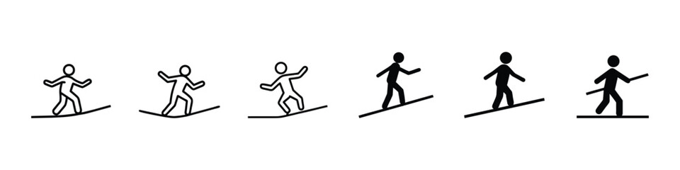 Obraz premium Balance and Movement Outline Icon Set – Man Walking or Sliding Downhill, A of person walking a tightrope symbolizing balance, precision, challenge, risk management, focus, stability, danger, decision