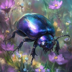 Shiny purple beetle in a field of flowers