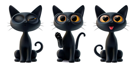 Magic black cat 3d realistic haloween kawai illustration. Devil closed eye peek, boo for friday 13. Raised paw kitten meow as hello sign, love hearts in look. Happy smiling cute animal, vector render