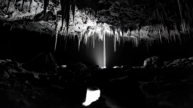 Monochromatic cave interior with hanging stalactites and a light shaft illuminating the dark cavern floor