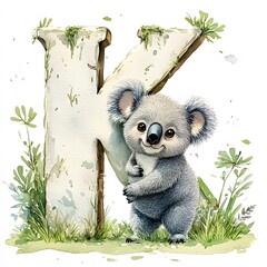 Cool koala character leaning against large letter K in a vibrant garden setting surrounded by greenery