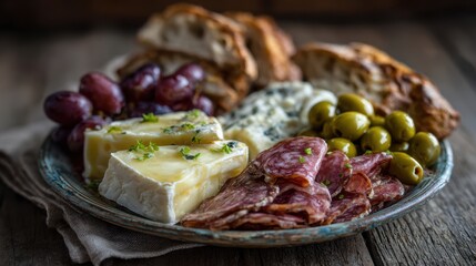 Rustic charcuterie platter featuring gourmet cheeses olives grapes cured meat and bread on a weathered wooden table perfect for appetizers snacks or entertaining