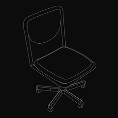 Black and white line drawing of a sleek modern office chair with a curved backrest and armrests, four tapered legs, and neutral fabric upholstery. The minimalist design stands out against a black.