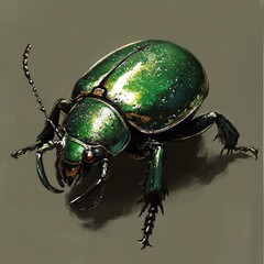 Detailed illustration of a vibrant green beetle