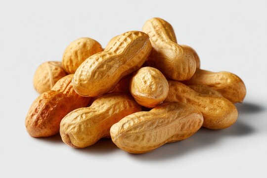 A pile of peanuts is displayed against a white background featuring shelled and unshelled nuts