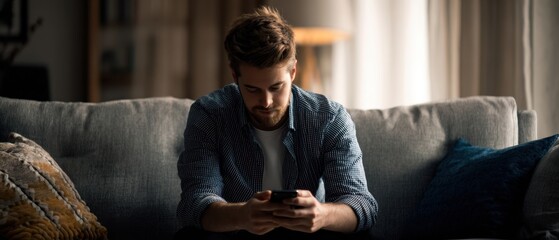 The young man sitting on a couch absorbed in his smartphone in a cozy home setting.