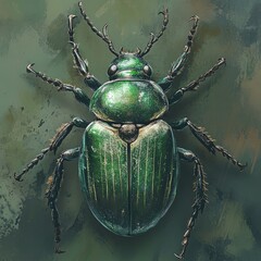 Detailed digital illustration of a vibrant green beetle