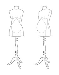 Vector outline of pregnant dress forms for maternity clothing design. Female mannequins for tailoring and sewing maternity wear. Black line art on white background.
