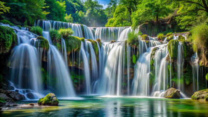 Cascading Waterfalls in Lush Green Foliage, a Serene Landscape of Nature's Beauty