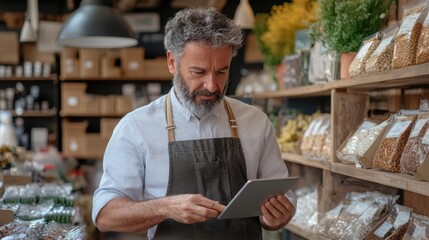 Focused mature male small business owner managing store inventory and orders digitally using a modern tablet device in his thriving local shop environment