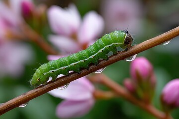 This captivating image shows a green caterpillar climbing a flower stem adorned with water droplets, symbolizing growth, transformation, and the beauty of nature&rsquo;s details.