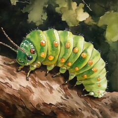 Watercolor illustration of a vibrant green caterpillar on a tree branch