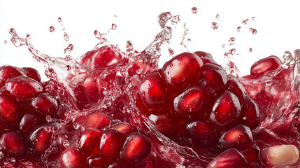 Fresh pomegranate seeds splashing in water on white background  