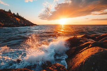 Naklejka premium Sunset waves crash on rocky shore acadia national park scenic view oceanfront gigapixel standard nature's splendor