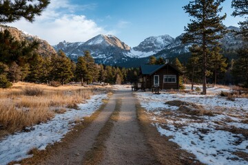 A serene winter retreat rustic cabin surrounded by majestic rocky mountains nature photography tranquil environment wide angle view