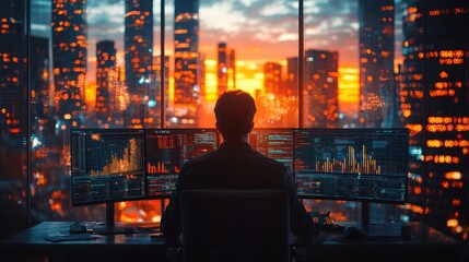 Obraz premium Person analyzes financial data on multiple screens overlooking a vibrant city skyline at twilight representing global business and technology advancements