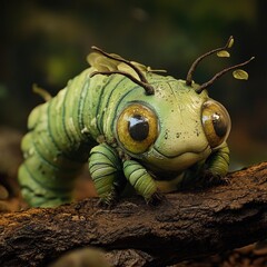 Cute, stylized caterpillar on a log
