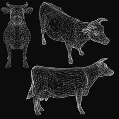 Three low poly cows stand in a triangular formation on a black background, with the largest cow centered and two smaller ones on either side. Detailed features include horns, expressive eyes