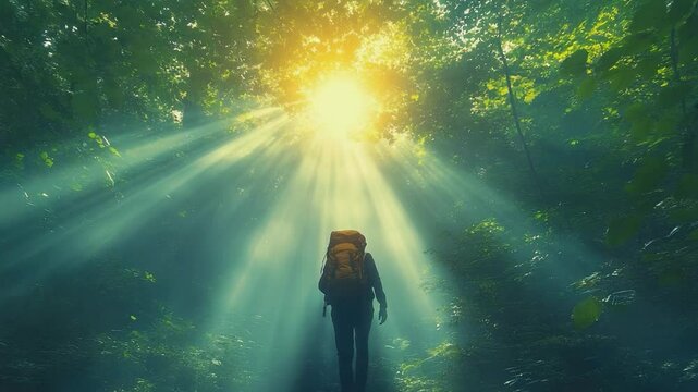 Journey Into Sunlight: A solitary figure, embarking on a path through the woods, is illuminated by ethereal rays of sunshine, depicting a moment of tranquil solitude and the allure of the unknown.