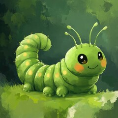 Cute cartoon caterpillar, lime green, bright yellow dots, happy expression, soft colors, lush green background