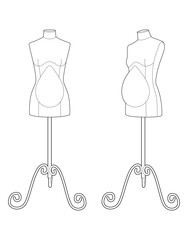 Vector outline of pregnant dress forms for maternity clothing design. Female mannequins for tailoring and sewing maternity wear. Black line art on white background.