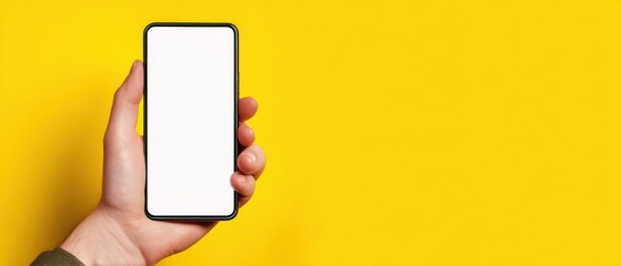 The smartphone in a hand showcasing a blank screen on a vibrant yellow background.
